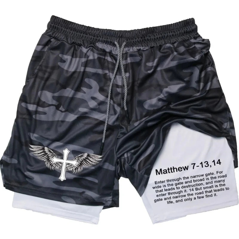 Men Performance Shorts Bible Printed Casual Sports Compression Shorts